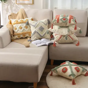 Püsküllü dokuma atmak yastık kılıfı ev dekorasyonu için boho tarzı yastık kılıfı kanepe kanepe için basit tasarım noktaları ve hatları