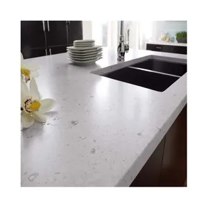 家用厨房台面中国批发人造石抛光表面现代黑纹白色石英板