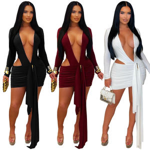 <span class=keywords><strong>Robe</strong></span> Courte Sexy <span class=keywords><strong>Femme</strong></span> C7607 à Col Plongeant Uni avec Ruban, Coupe Ajustée, Volants à Nouer sur le Devant, Mini-<span class=keywords><strong>Robe</strong></span> de Soirée/Cocktail - Product Image 1