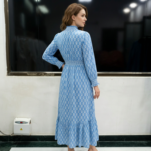 Blue Printed Cotton Maxi <b>Dress</b> with Shirred <b>Ruffle</b> Hem Long Sleeve V-Neck Regular Fit Formal Spring Summer <b>Dress</b> - Product Image 3