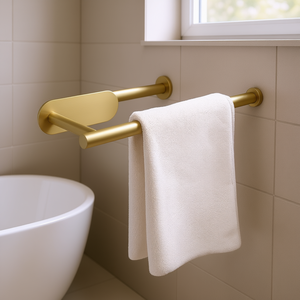 Porte-serviettes mural moderne en acier inoxydable doré brossé, barre simple, accessoire de salle de bain, fixation adhésive - Product Image 2