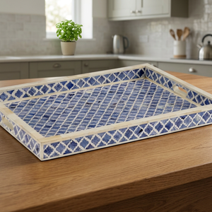 Plateau rectangulaire GeoMuse en os incrusté, motif géométrique, luxe moderne, service artisanal, plat de décoration, vaisselle, ensemble de plats - Product Image 1