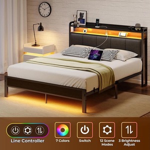 Cross-border hot-selling American industrial style steel and wood structure <b>double</b> <b>bed</b> with <b>storage</b> space and sensor light - Product Image 4