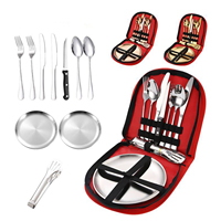 Aitop Vente en Gros Couteau Fourchette Assiettes Glamping Service de Vaisselle Camping en Acier Inoxydable Set de Vaisselle de Pique-Nique Set de Couverts avec Sac