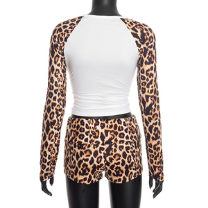 Conjunto de <span class=keywords><strong>2</strong></span> Piezas con Estampado de Leopardo para Mujer, Top Corto de Manga Larga con Parches de Color y Pantalones Cortos - Product Image 6