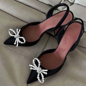 Women Satin High Kitten Heels Sandals Summer Pointed Toe Back Strap <b>Shoes</b> Bling Rhinestone Bow Dress Stiletto Slingback - Product Image 4