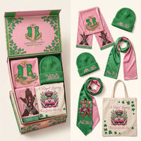 Ensembles de foulards à franges personnalisés en gros, rose saumon et vert, avec lettres grecques, pour souvenir de sororité universitaire, coffret cadeau