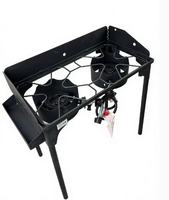 Réchaud à gaz portable à double brûleur pour l'extérieur avec pare-vent et pieds pliables pour le camping, le barbecue, la brasserie artisanale et la terrasse
