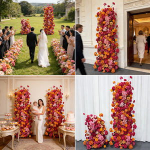 Composition florale en fausse soie ombrée rouge, orange et rose, accessoire de toile de fond de mariage luxueux - Product Image 2