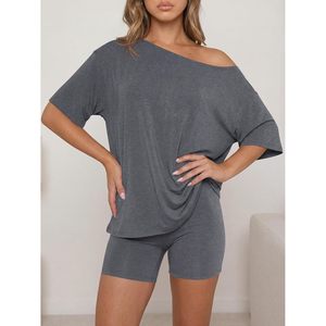 Fisoew Womens 2 Piece Lounge <b>Set</b> Summer Oversized T Shirt Biker Shorts Casual Matching Outfit Breathable <b>Knitted</b> Asymmetrical - Product Image 5