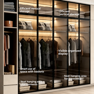 Armoire modulaire autoportante en bois moderne avec portes en verre, poignées en acier inoxydable, 4 étagères, pour la maison, la chambre, la villa, l'hôtel, l'école - Product Image 6