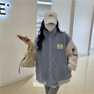 American Retro Stand Up Collar Fleece Jacket Women Black Coffee Color Windproof Autumn Winter Loose Student Baseball Coat - Product Image 3