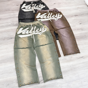 Huili Heavyweight Cotton Vintage gewaschene Jogger Jogging hose Herren Custom Stickerei Logo Strass Sun lashed Wide Leg Jogging hose - Product Image 3