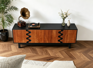 Modern Wave Cutout Wood TV <b>Stand</b>, 4-<b>Door</b> Media Console with Contrasting Finish for Living Room - Product Image 4