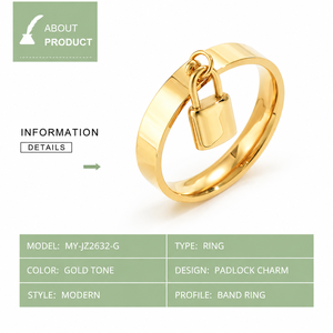 Gold Tone Padlock <b>Charm</b> Ring Polished Band with Dangle Lock Pendant Modern Statement Jewelry - Product Image 3