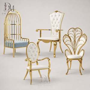 Chaise de mariage haut de gamme en acier inoxydable avec dossier floral en forme de paon pour la mariée et le marié, idéale pour les salles de banquet, vente en gros - Product Image 2