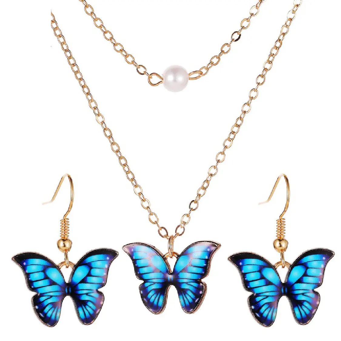 Hot Korean USA Großhandel 2-teiliges Gold Halskette Set Bunte Doppels chicht Perle Schmetterling Ohrring und Halskette Set für Frauen