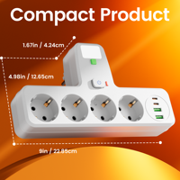 Multiprise ODM/OEM EU 9-en-1 Schuko avec 4 prises CA, 2 USB-A, 2 USB-C, veilleuse et protection contre les surcharges et les surtensions pour salon