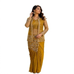 Hermoso sari de satén de seda estilo Bollywood, listo para usar, con blusa cosida. - Product Image 1