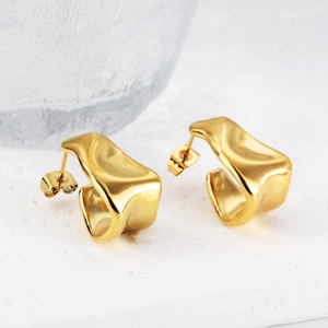Stainless Steel Chunky Texture Irregular Table Trapezoidal 18K Gold Plated Minimalist <b>Twisted</b> <b>Hoops</b> <b>Earrings</b> Jewelry for Women - Product Image 3