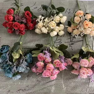 装饰人造玫瑰芽绢花花束15头小玫瑰花婚礼装饰花活动派对装饰