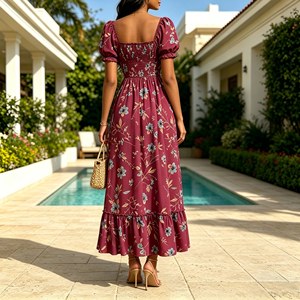 Vendita all'Ingrosso di Vestiti Estivi Eleganti in Chiffon con Stampa Floreale, Abito Lungo da <span class=keywords><strong>Donna</strong></span> in Stile Francese con Maniche Corte, Vestiti Casual da Signora - Product Image 2