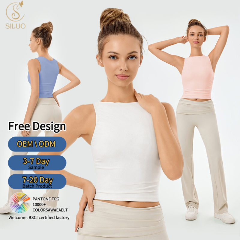 Factory Custom Loose Breathable Lightweight Sports Smock Jacquard Yoga Undershirt Round Neck Curved Hem Vest Women's Tank Tops