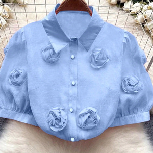 Camiseta sin mangas para mujer con estampado floral 3D, mangas abullonadas, corte regular, color liso, poliéster, antiencogimiento, para uso diario, rosa, albaricoque, azul - Product Image 4
