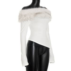 <span class=keywords><strong>Sexy</strong></span> con collo in pelliccia a manica lunga irregolare a coste bianche aderenti Slim Fit da donna alla moda camicette e camicie 2026 primavera - Product Image 5