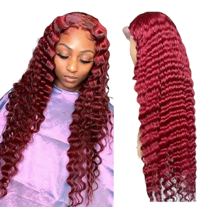 Parrucca frontale <span class=keywords><strong>in</strong></span> pizzo trasparente marrone rossastro 13x4 Hd 99J bordeaux Highlight colorato pizzo riccio parrucche capelli umani - Product Image 1