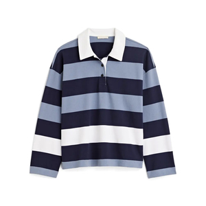 Camiseta Polo de Algodón a Rayas de Manga Larga para Mujer, Transpirable, con Cuello, Informal, a la Moda, Ligera y Ecológica - Product Image 1