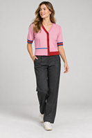 Cardigan en tricot personnalisé pour femme, col en V, manches courtes, bordure contrastante, boutons, pull, hauts tricotés de printemps, fabricant de mode
