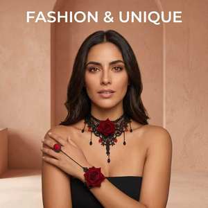 Ensemble collier et bracelet en dentelle noire et rouge gothique, bijoux vintage pour costume d'Halloween, accessoires pour femmes - Product Image 5