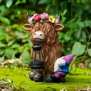 Vache <span class=keywords><strong>Highland</strong></span> avec Gnome Résine Artisanat Statues de Lanterne de Jardin Drôles avec Décor de Lumière Solaire Extérieur - Product Image 3