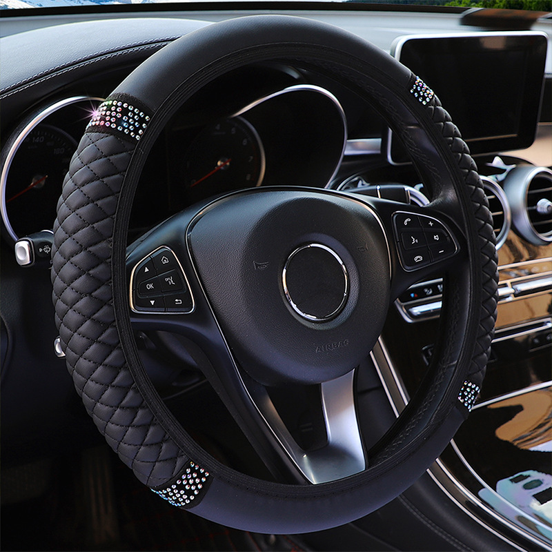 Huihou Embroidery Colored Diamond Inlay Elastic Steering Wheel Cover | 3-Spoke Sport Car Leather Han