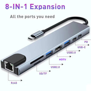 PD RJ45 USB 3.0 USB 2.0 HDTV SD TF Hub <span class=keywords><strong>Adaptateur</strong></span> 8 en 1 USB Type C Hub pour ordinateur portable PC - Product Image 2