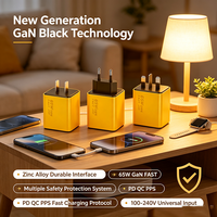 Chargeur mural GaN 65W en promotion avec câble Type C rétractable intégré, affichage numérique intelligent, 3 ports PD QC, charge rapide, prises US EU UK