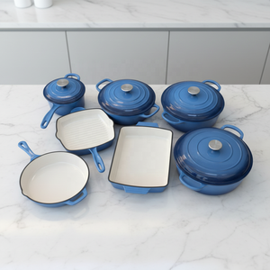 Ensemble de 11 casseroles et poêles <span class=keywords><strong>en</strong></span> <span class=keywords><strong>fonte</strong></span> émaillée pour la cuisson et la friture, pour une utilisation à domicile <span class=keywords><strong>sur</strong></span> gaz, <span class=keywords><strong>induction</strong></span> ou four - Product Image 3