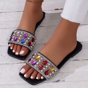 Summer One Line Slippers Water Outdoor Versatile Square Head Fashion Women's <b>Flat</b> Bottom Casual Beach Sandals - Product Image 1