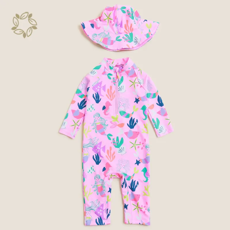 Traje de baño de dos piezas estampado para niños, traje de baño y sombrero para niños y niñas, ropa de playa, conjunto de traje de baño estampado para bebés