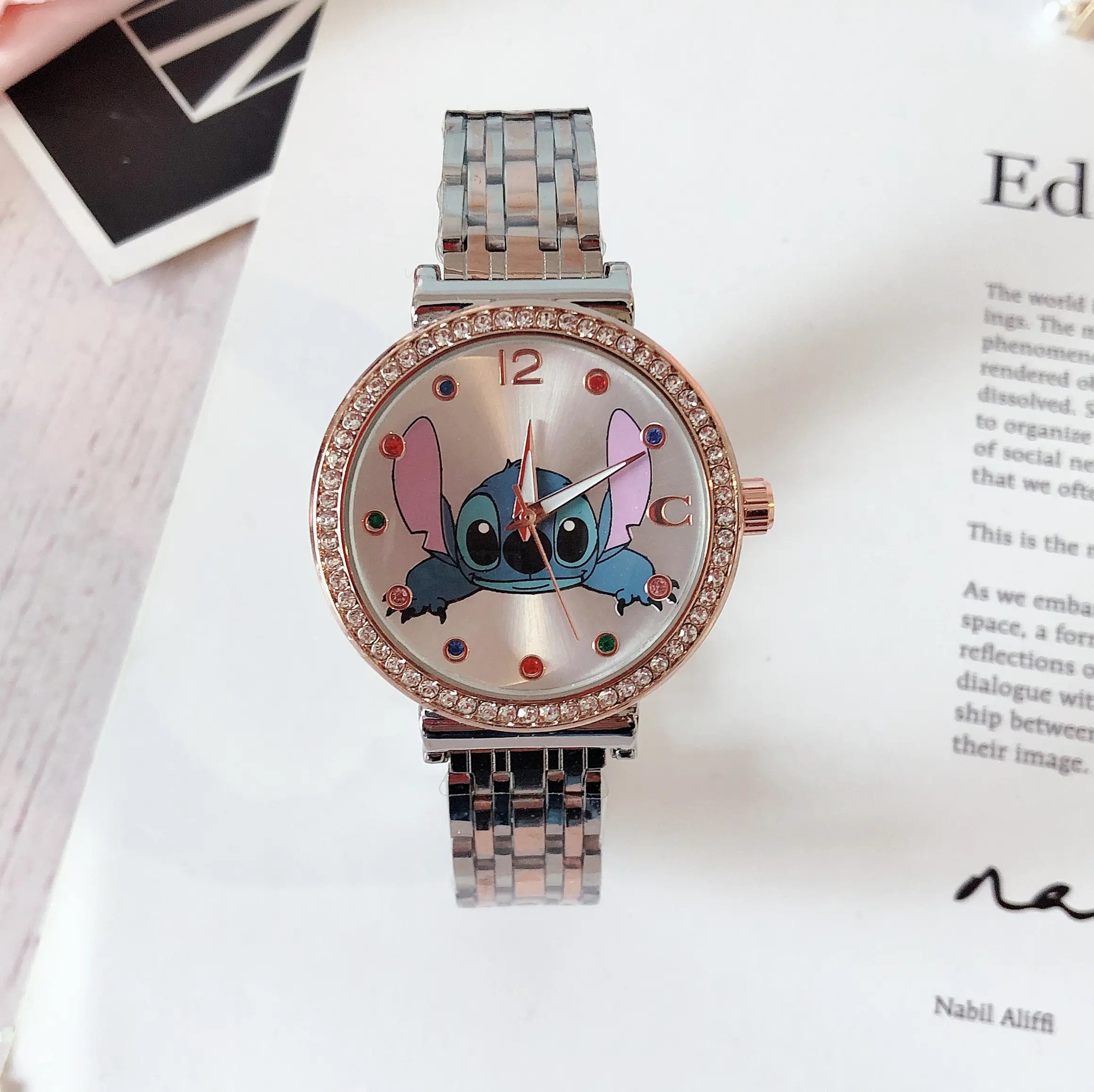 New stitch Mickey cartoon diamond inlaid luxury girls' stainless steel waterproof watch women's gift
