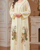 Ensemble deux pièces en lin avec abaya ouverte à capuche et broderie élégante paon, robe intérieure, pour femmes musulmanes, été, ODM, pour fêtes, mariages et usage quotidien