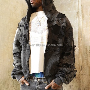 Manufacturers Clothing Custom Waffle Thermal Hoodie Distress Acid Wash Vintage <b>Zip</b> <b>up</b> <b>Jackets</b> Blank Waffle Hoodies for Men - Product Image 2