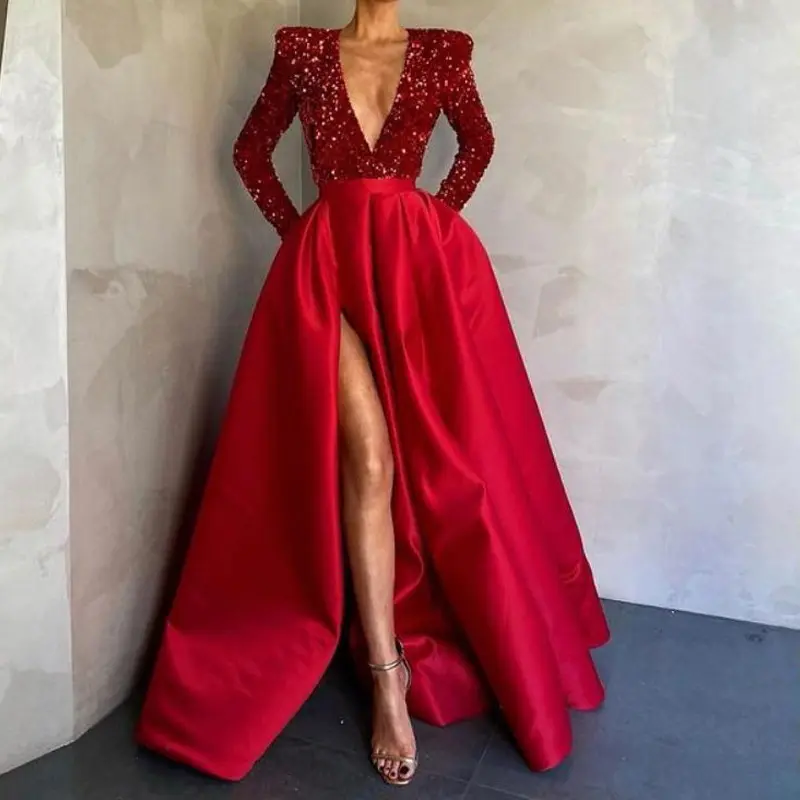 Hot Selling Woman Sexy Deep V-Neck Party Dress Evening Ball Gown Dresses Sequins Long Sleeves Split Prom Dress