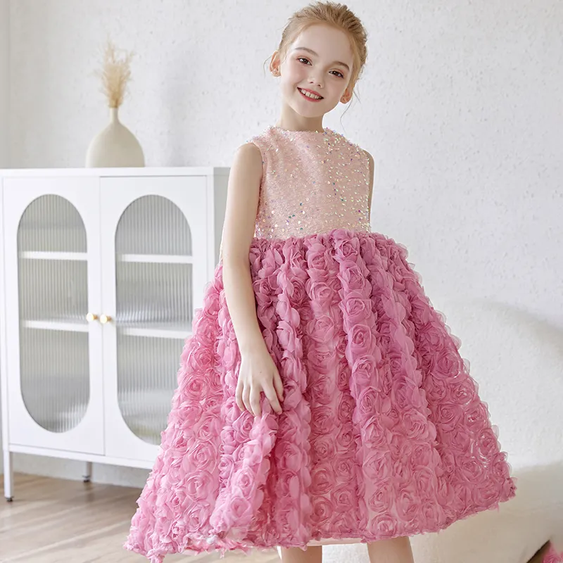 IN Stock Baby Girl dolce principessa abito da sposa ragazza set abbigliamento per bambini abiti 3D fiori rosa abiti per ragazze