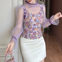 ZYHT 91466 OEM ODM personnalisé vêtements pour femmes fabricant de vêtements 3D fleur printemps maille à manches longues Blouse et haut Femme dames