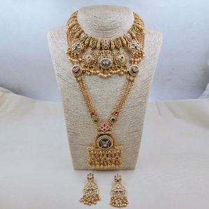 Conjunto de Collar Largo y Gargantilla de Lujo Estilo Templo Antiguo con Piedras Kemp, Colección de Joyería Nupcial Tradicional - Product Image 1