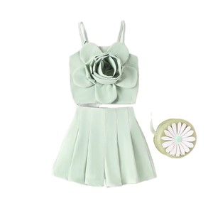 Completo estivo transfrontaliero da <span class=keywords><strong>bambina</strong></span>: top a canotta verde con fiore 3D + pantaloncini a pieghe, set due pezzi dolce - Product Image 6