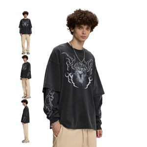 T-shirt à manches longues en deux pièces pour <span class=keywords><strong>homme</strong></span> de <span class=keywords><strong>marque</strong></span> tendance, délavé à l'acide, 100% coton tricoté, <span class=keywords><strong>col</strong></span> rond, coupe ample, anti-boulochage - Product Image 3