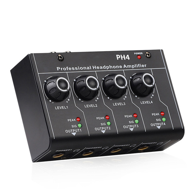 Ultra-Compact 4-Channel 3.5mm Gain Switch Stereo Portable Headphone Amplifier Professional Audio with DC 12 Power Adapter
